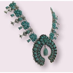 Southwestern Faux Turquoise Squash Blossom Naja Statement Necklace Silver Tone